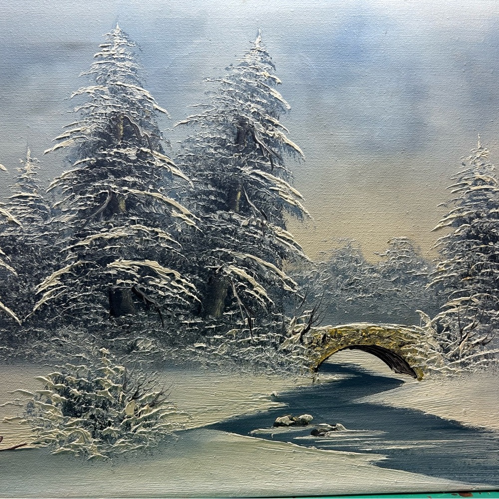 Winter Landscape Painting with Snowy Trees and Bridge - Picture 6 of 10